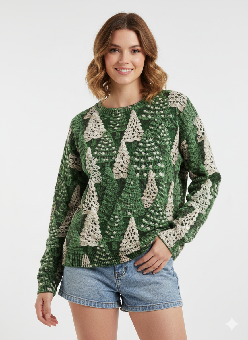 Pull Femme Hiver Chic - Col Rond et Manches Longues avec Motifs de Neige - PanierRoyale