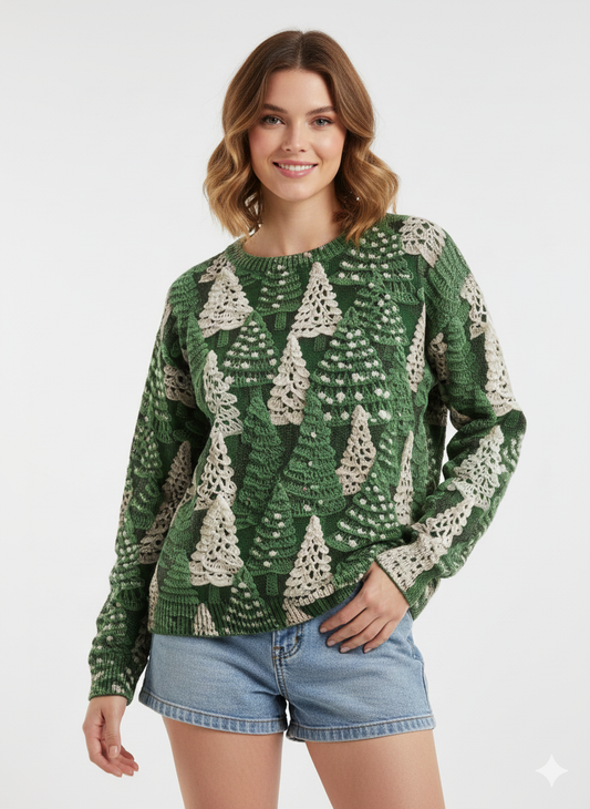 Pull Femme Hiver Chic - Col Rond et Manches Longues avec Motifs de Neige - PanierRoyale