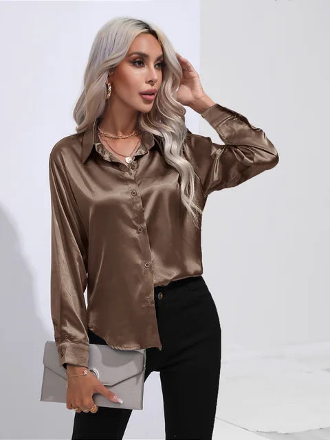 Blouse Femme Élégante en Soie – Chemisier Chic Brillant à Manches Longues