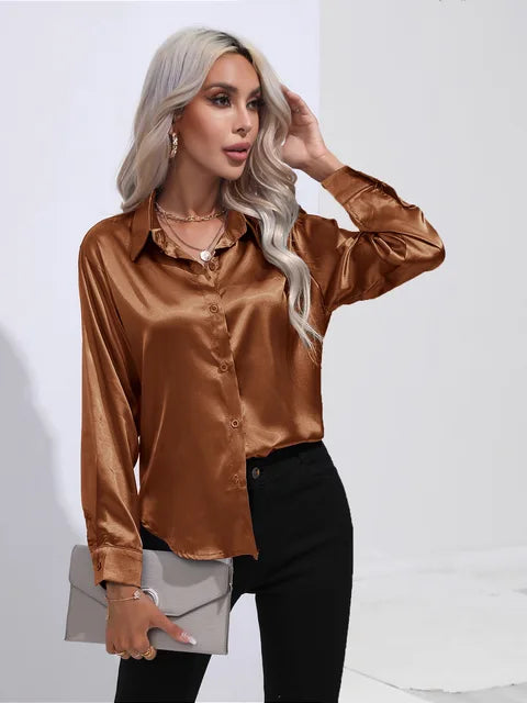 Blouse Femme Élégante en Soie – Chemisier Chic Brillant à Manches Longues