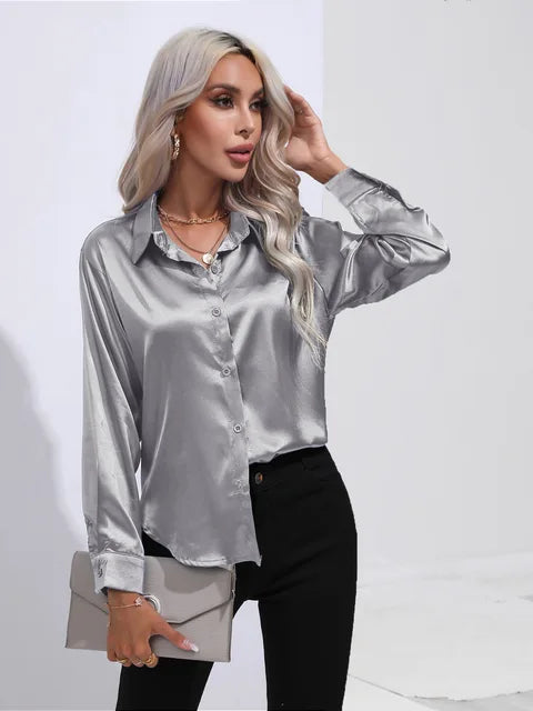 Blouse Femme Élégante en Soie – Chemisier Chic Brillant à Manches Longues