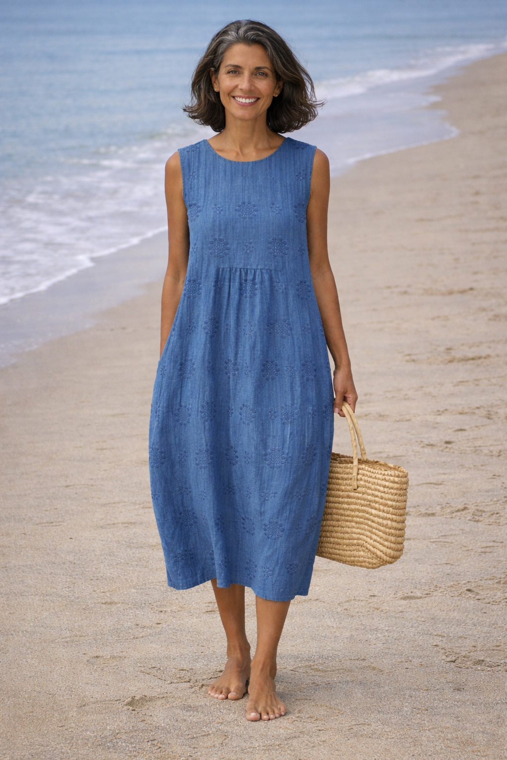 Robe midi Femme Broderie Sans Manches Poches