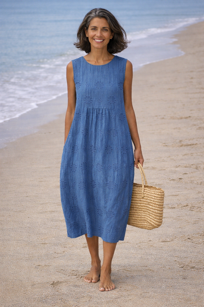 Robe midi Femme Broderie Sans Manches Poches