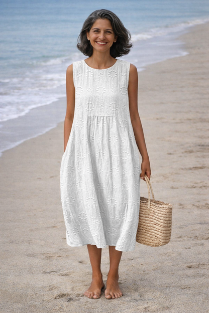 Robe midi Femme Broderie Sans Manches Coupe Fluide - PanierRoyale