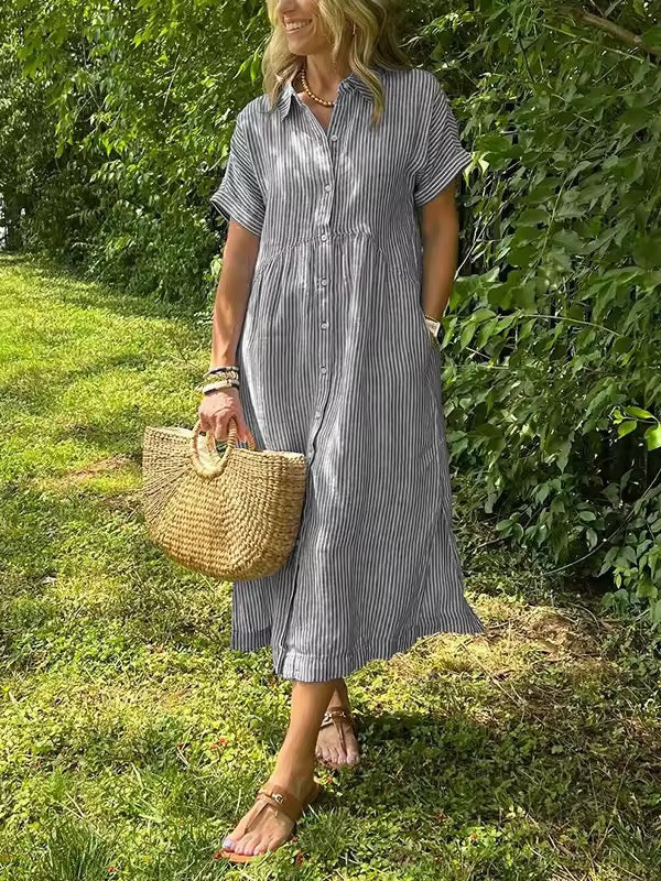 Robe maxi Femme Fluide Boutonnée Col Rond Manches Courtes