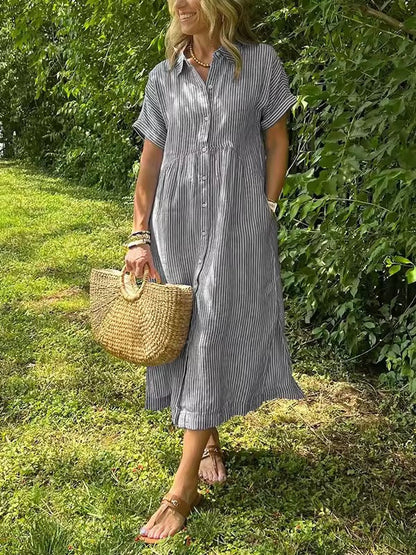 Robe maxi Femme Fluide Boutonnée Col Rond Manches Courtes
