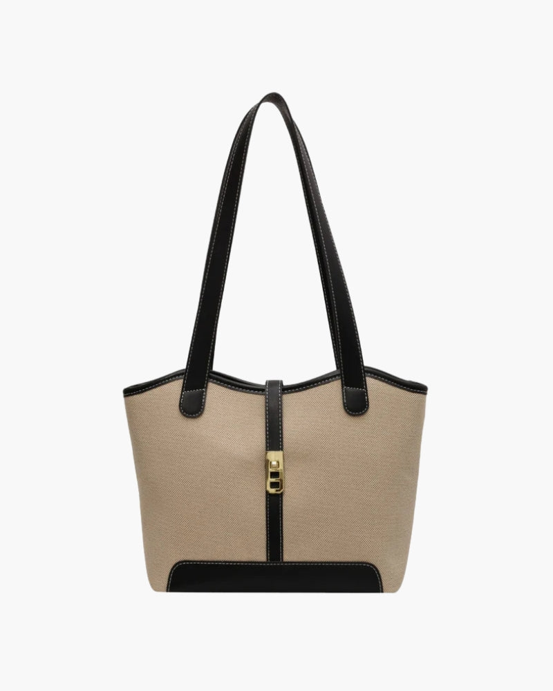 Sac à Épaule en Toile avec Détails Cuir et Fermeture à Bouton