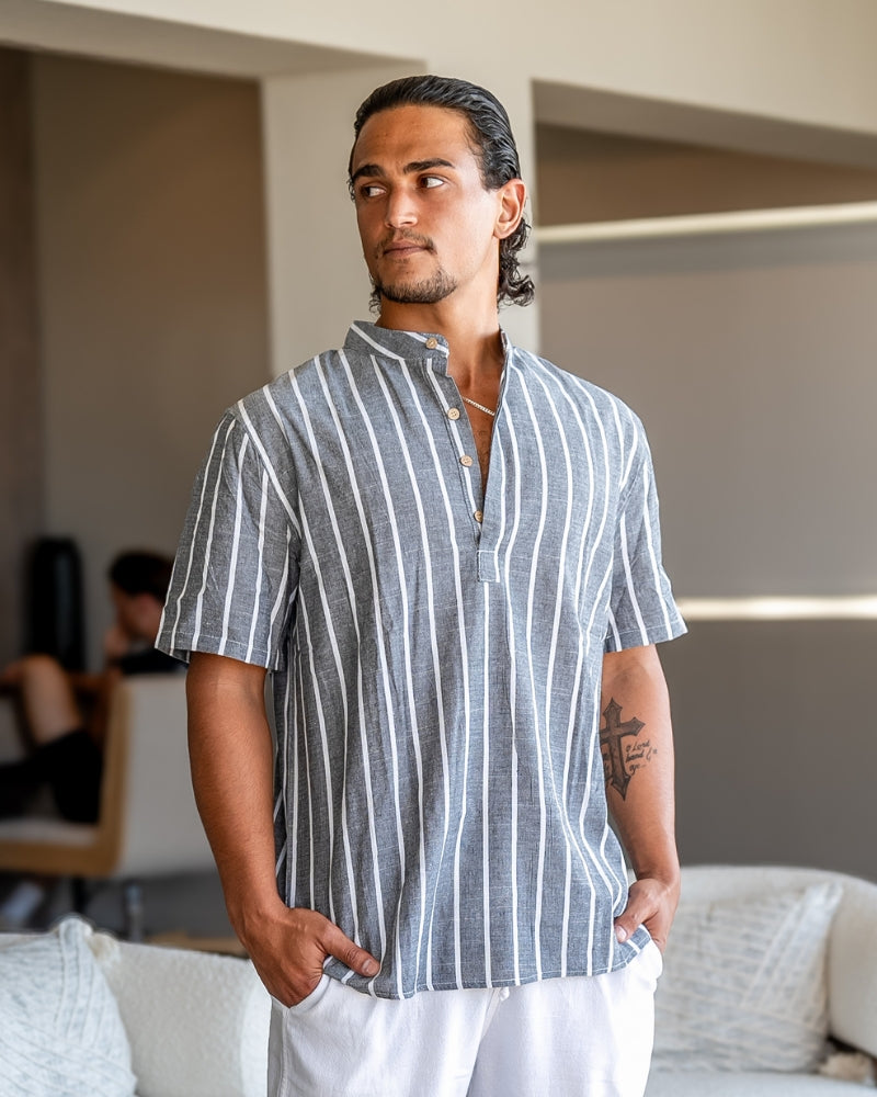 Chemise Homme Lin Coton Rayé Col Montant Été
