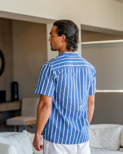 Chemise Homme Lin Coton Rayé Col Montant Été