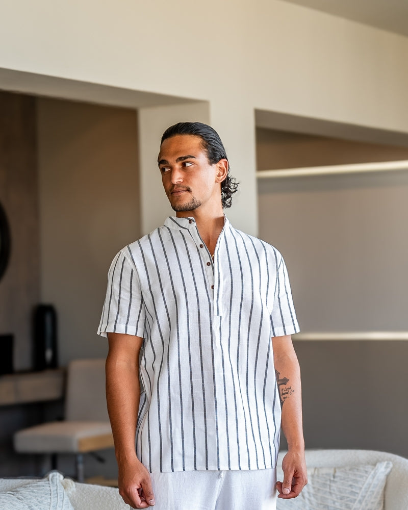 Chemise Homme Lin Coton Rayé Col Montant Été