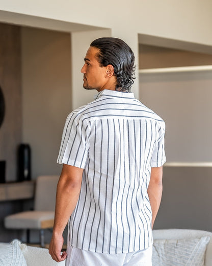 Chemise Homme Lin Coton Rayé Col Montant Été
