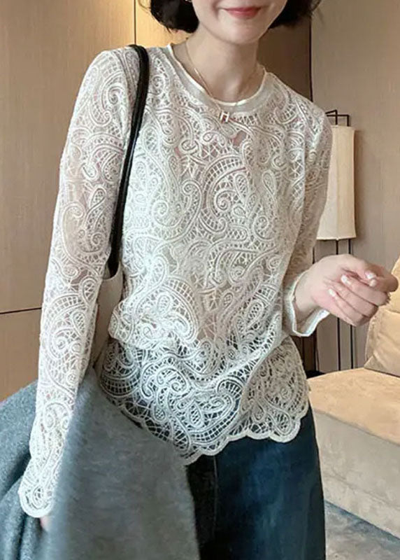 Dentelle beige col rond femme élégant printemps - EasyApparels