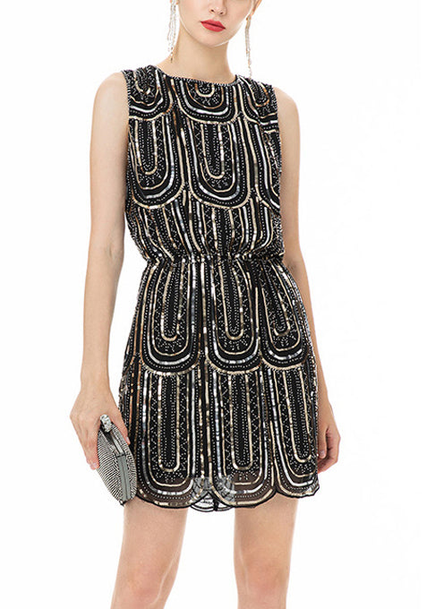 Robe légère en soie à manches courtes imprimé noir - EasyApparels