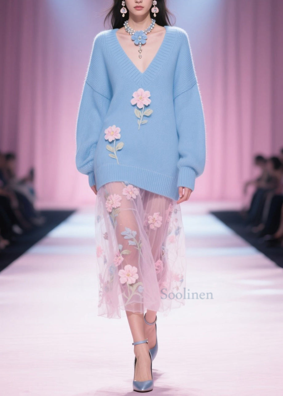 Pull en maille floral bleu col V hiver confortable - EasyApparels