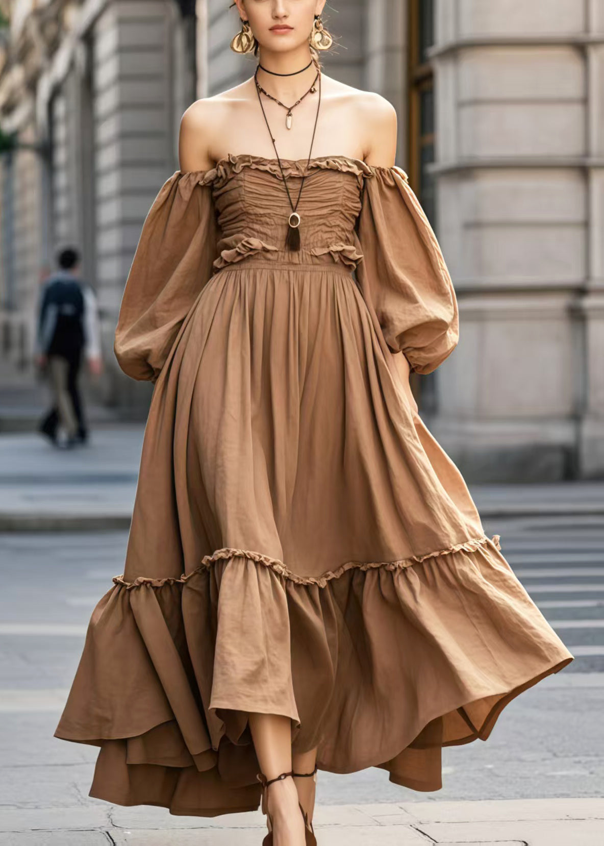 Élégant Robe Soirée Coton Brun à Manches Bouffantes - EasyApparels