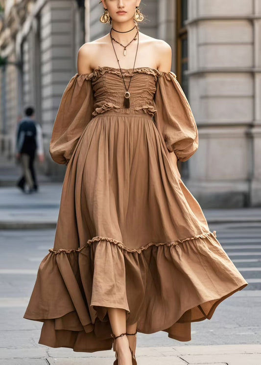 Élégant Robe Soirée Coton Brun à Manches Bouffantes - EasyApparels