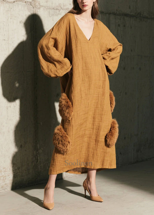 Grosse robe hivernale en fausse fourrure marron patchwork - EasyApparels