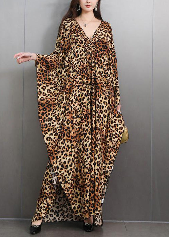 Luxe Robe en Léopard avec Col en V et Manches Longues - EasyApparels