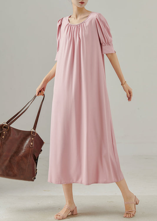 Robe d'été en coton rose avec col rond féminin - EasyApparels