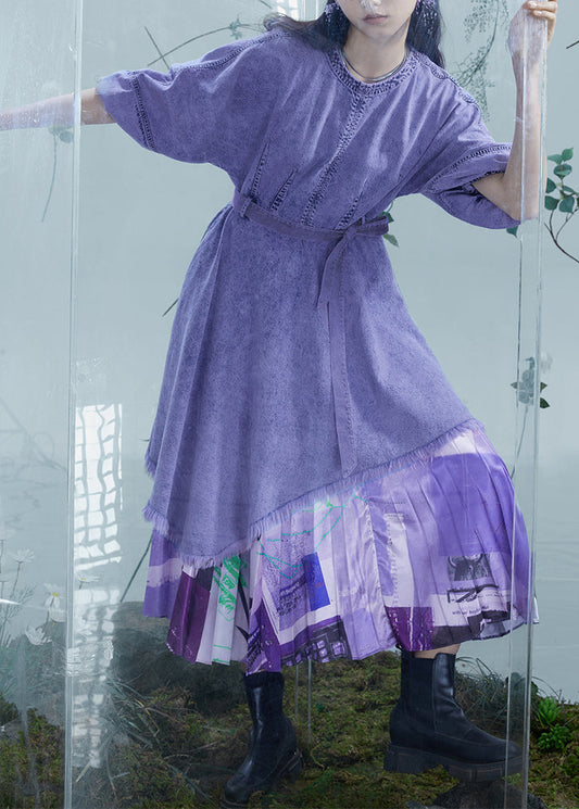 Violet Italian Denim Patchwork Asymmetrical Sleeve Robe - EasyApparels