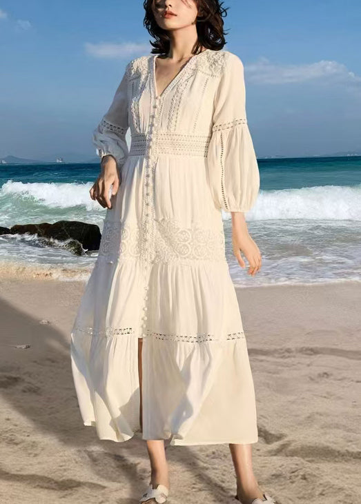Robe de décontracté coton blanc en dentelle pour femme - EasyApparels