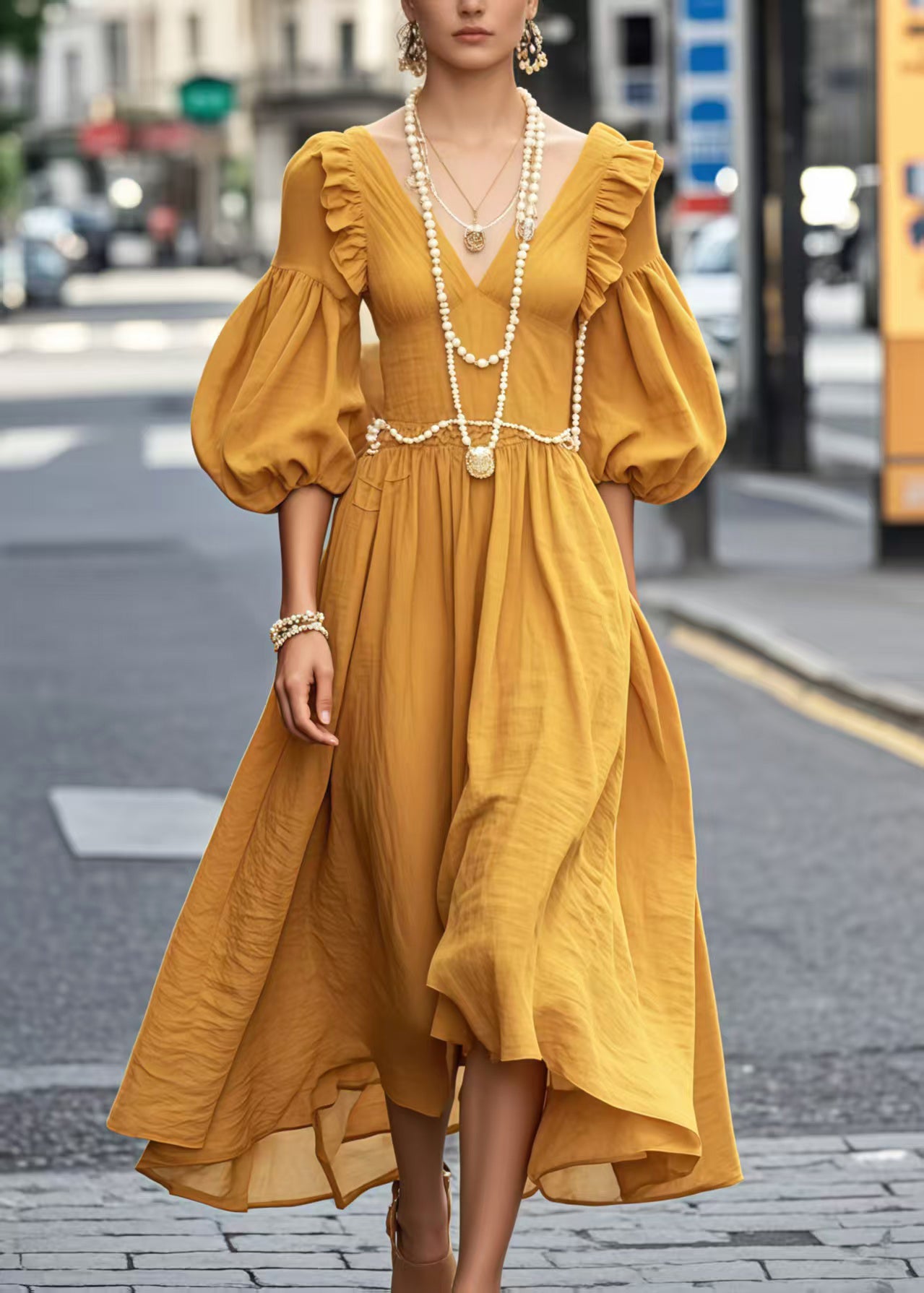 Robe de soirée italienne en coton jaune à volants et manches lanternes → Robe de soirée jaune en coton avec volants et manches bouffantes - EasyApparels