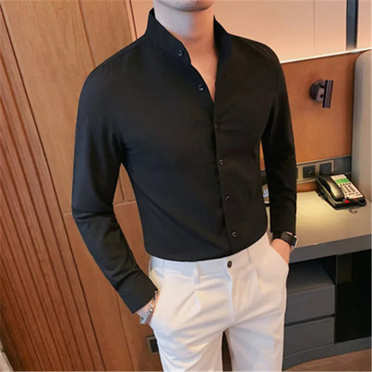 Chemise Homme Classique à Manches Longues et Col Montant - PanierRoyale