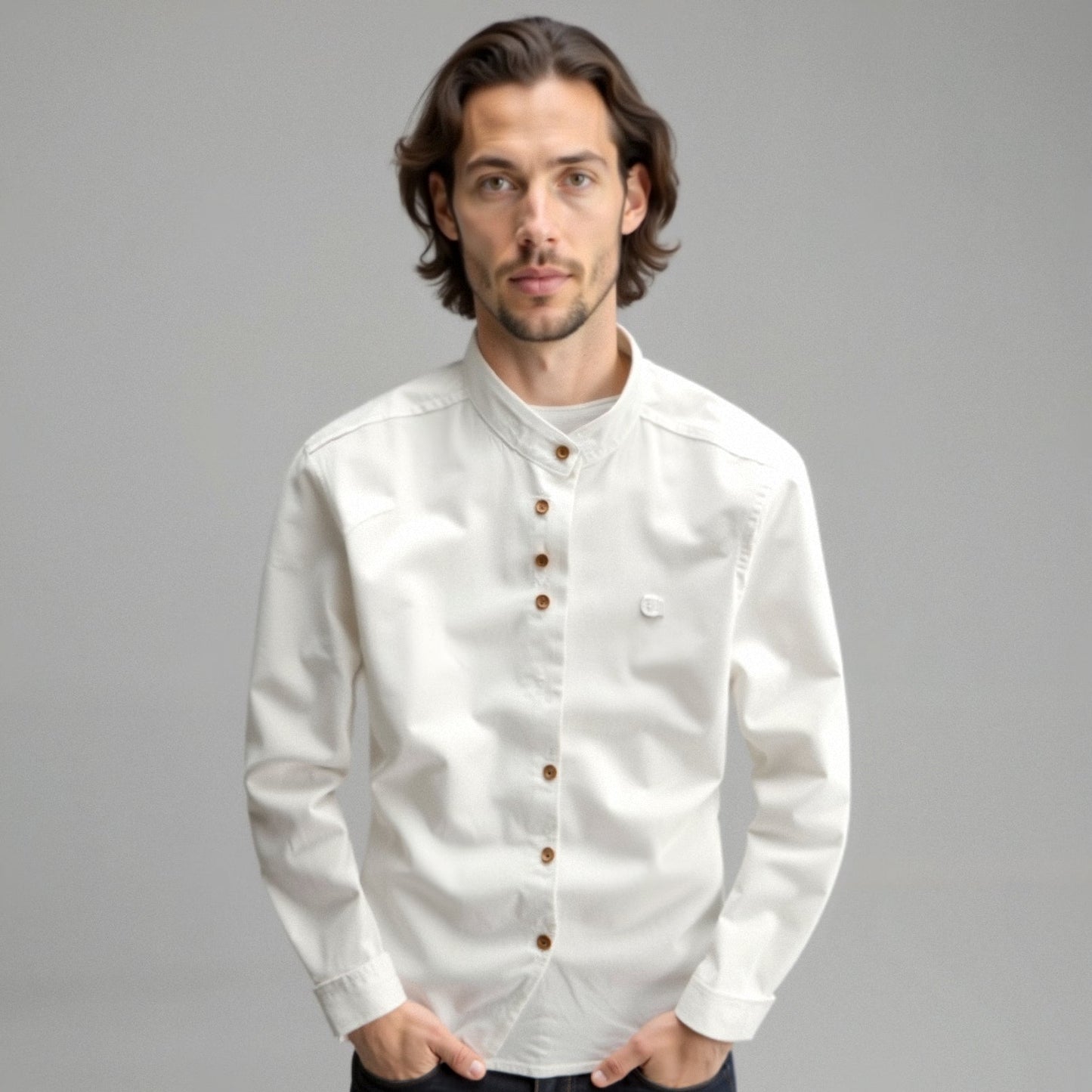 Chemise Homme Classique en Coton avec Col Montant et Boutons de Manchette