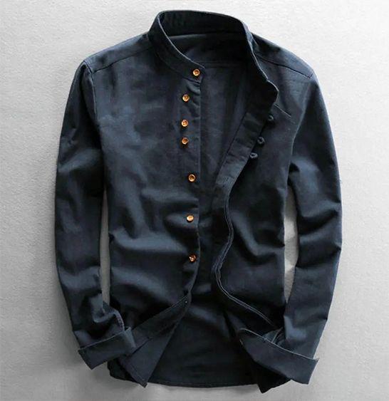 Chemise Homme Classique en Coton avec Col Montant et Boutons de Manchette