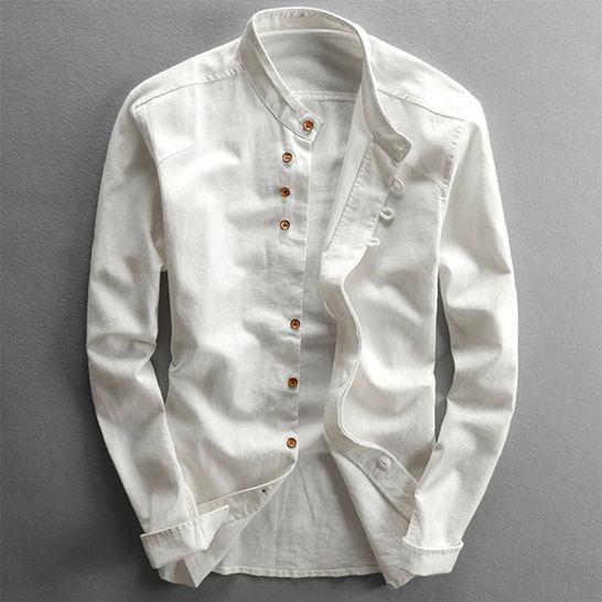 Chemise Homme Classique en Coton avec Col Montant et Boutons de Manchette