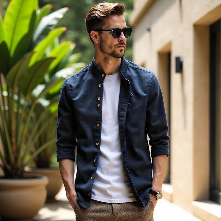 Chemise Homme Classique en Coton avec Col Montant et Boutons de Manchette