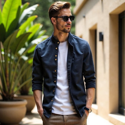 Chemise Homme Classique en Coton avec Col Montant et Boutons de Manchette