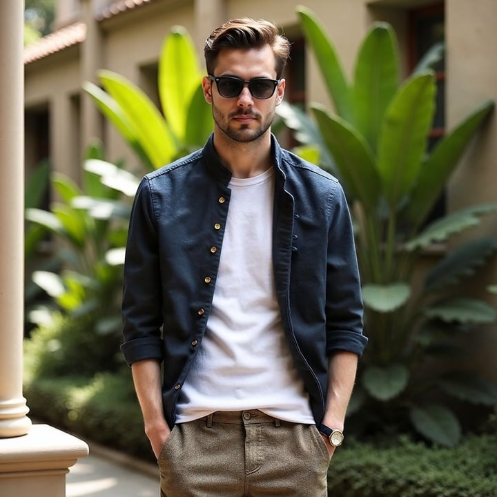 Chemise Homme Classique en Coton avec Col Montant et Boutons de Manchette