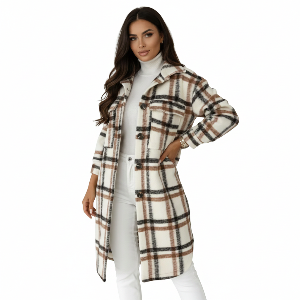 Manteau Femme Élégant en Laine Douce et Chaude à Carreaux