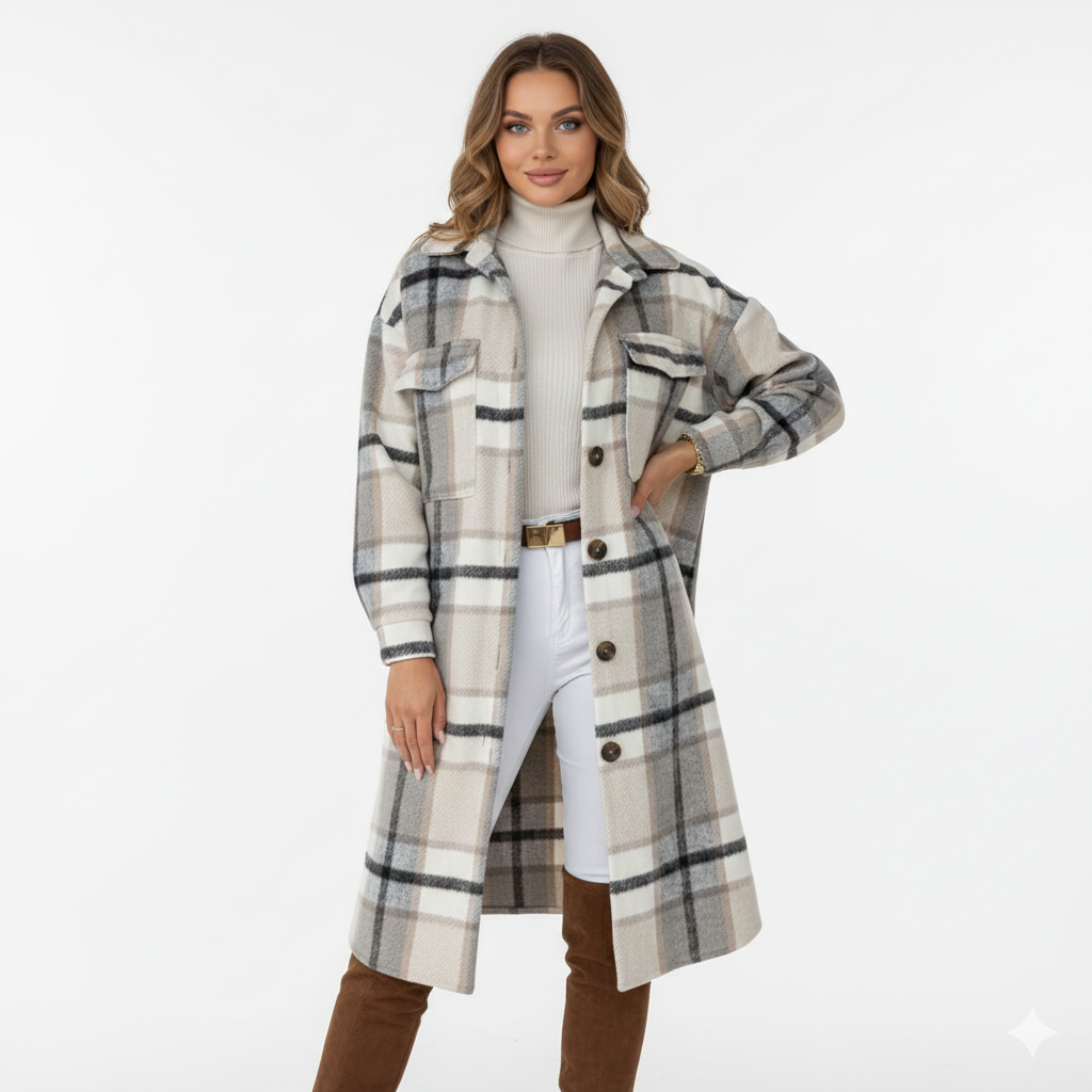 Manteau Femme Élégant en Laine Douce et Chaude à Carreaux