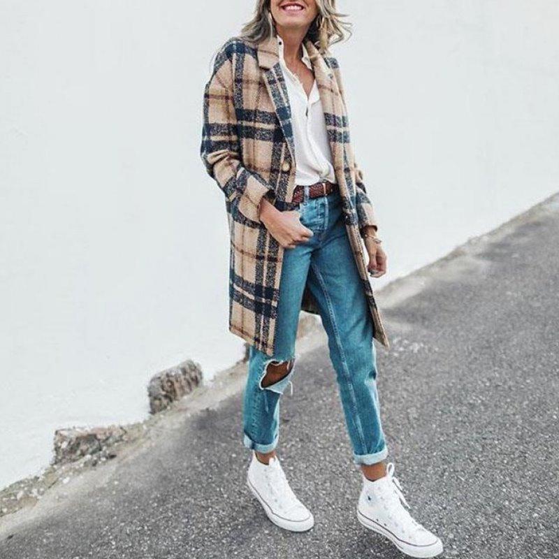Manteau Carreaux Femme Élégant Taille Slim Fit - PanierRoyale