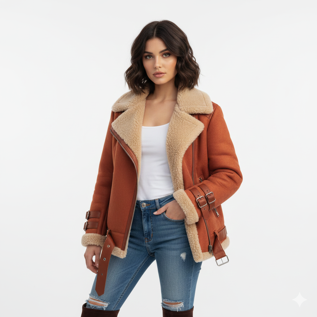 Veste Moto Hiver Féminine en Laine Chaud et Élégante