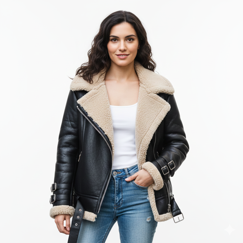 Veste Moto Hiver Féminine en Laine Chaud et Élégante - PanierRoyale