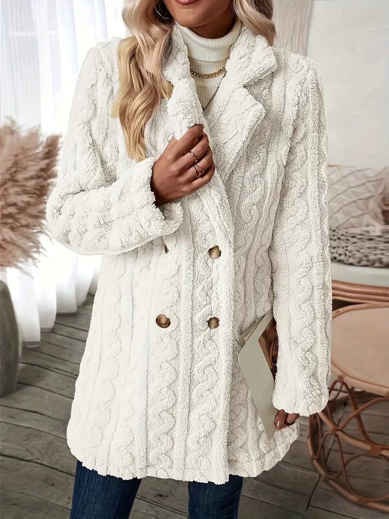 Manteau Femme Long Tricot Revers Cranté Élégant Hiver