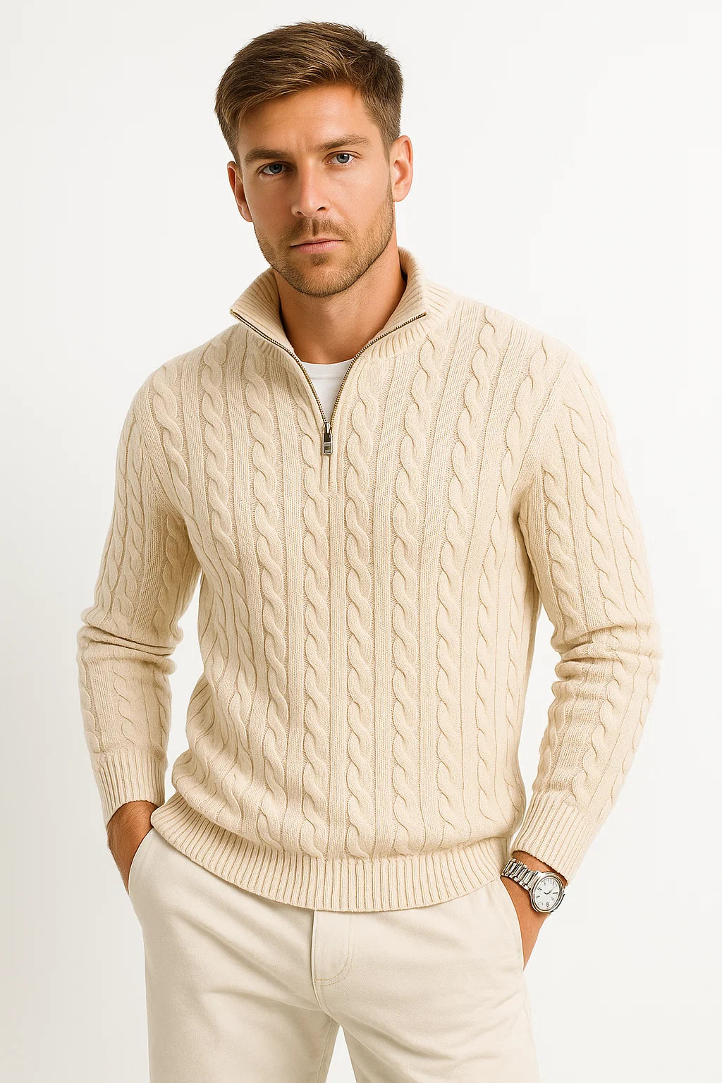 Pull Homme Tricoté Printemps Zopfmuster Zip Dégradé