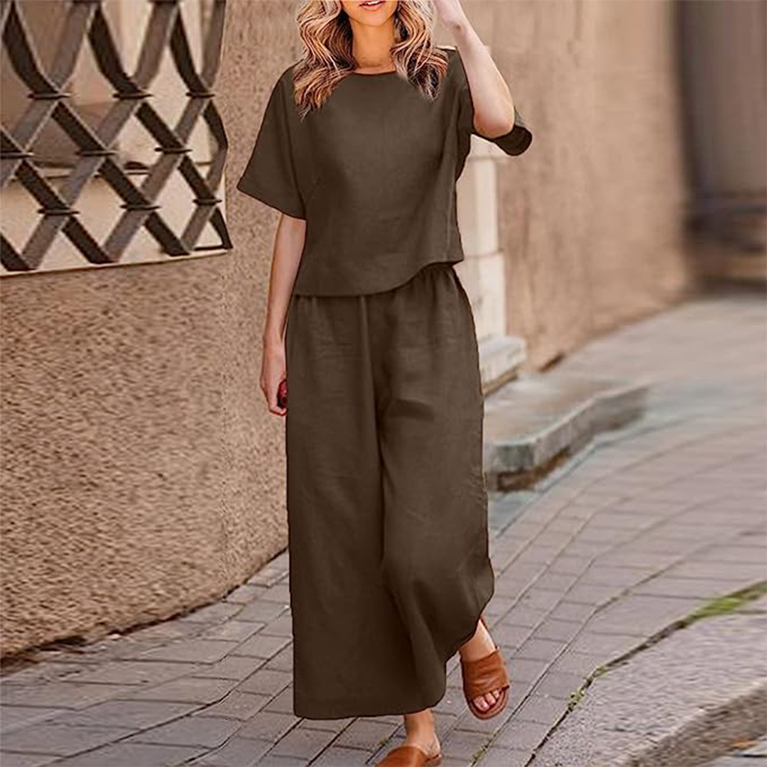 Ensemble Été 2 Pièces pour Femme : Haut Manches Courtes et Pantalon Linéaire Léger