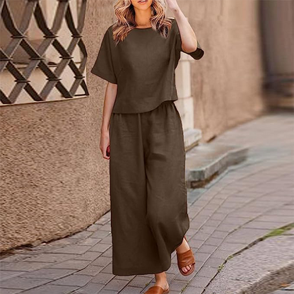 Ensemble Été 2 Pièces pour Femme : Haut Manches Courtes et Pantalon Linéaire Léger