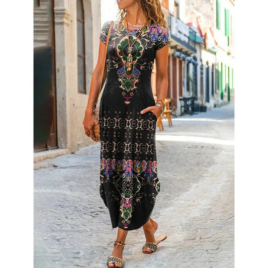 Robe Longue Femme Noire Élégante à Fleurs Exotiques - PanierRoyale