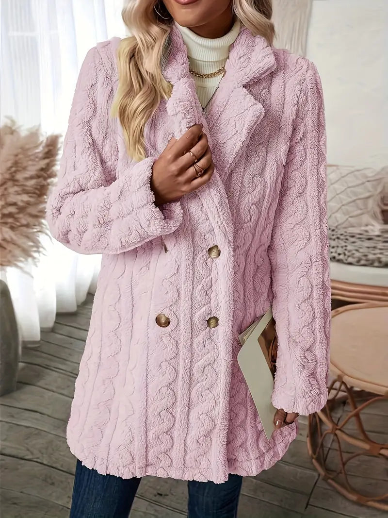 Manteau Femme Long Tricot Revers Cranté Élégant Hiver