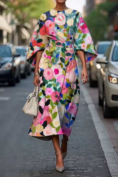 Robe Midi Femme Tissu Fluide Manches Longues Coupe Évasée - PanierRoyale