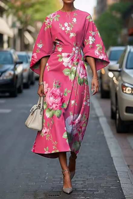 Robe Midi Femme Tissu Fluide Manches Longues Coupe Évasée