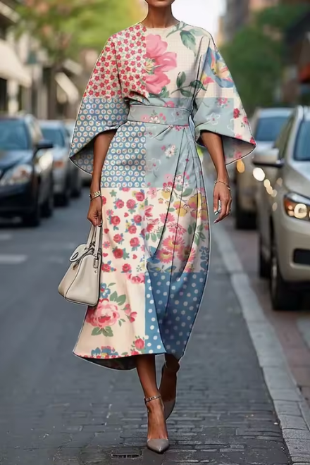 Robe Midi Femme Tissu Fluide Manches Longues Coupe Évasée