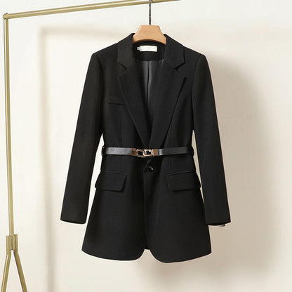 Blazer Femme Élégant Long Noir avec Ceinture