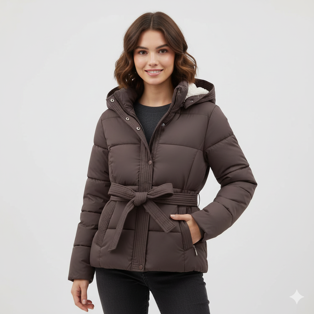 Manteau Hiver Femme Élégant avec Capuche et Ceinture Adjustables