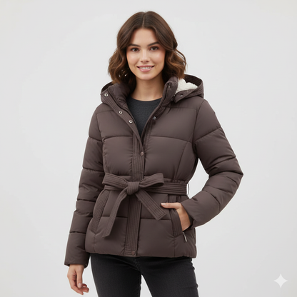 Manteau Hiver Femme Élégant avec Capuche et Ceinture Adjustables